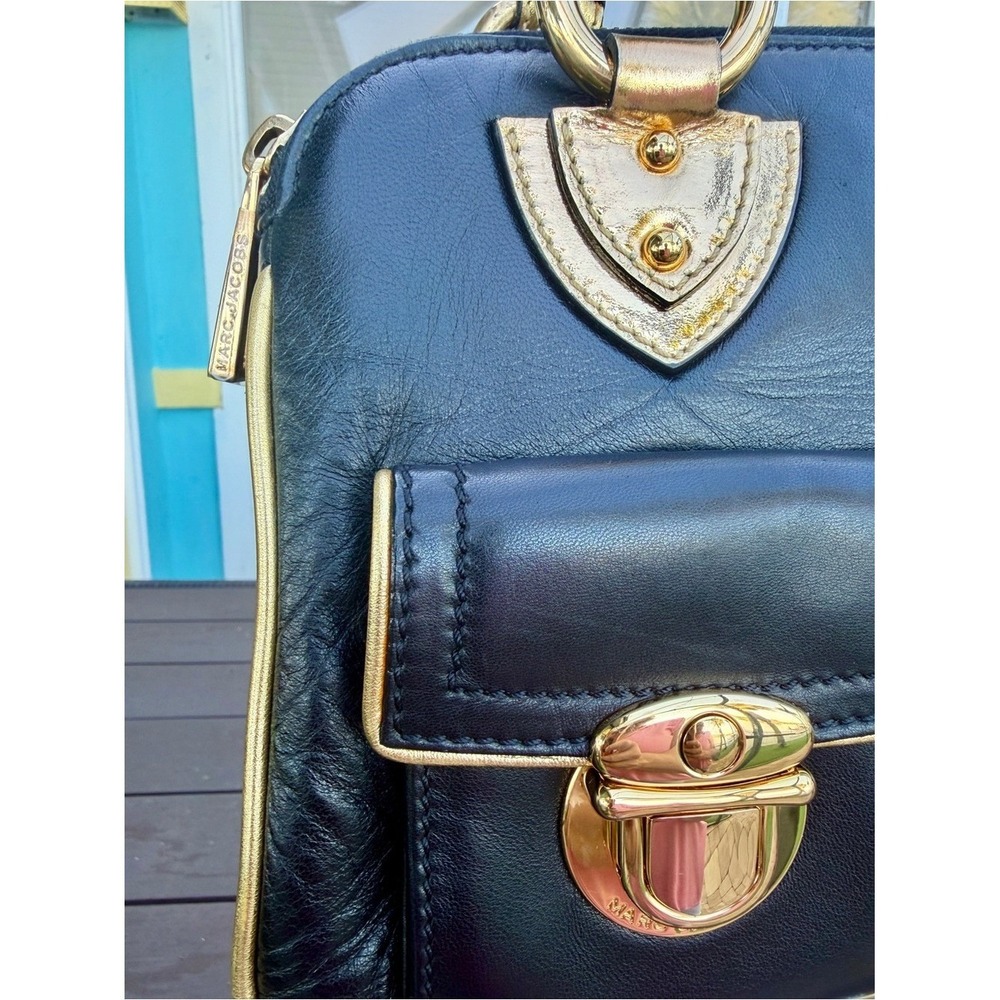 Marc Jacobs Rare Vintage Runway Black Lambskin Gold Metallic Satchel Bag - Picture 13 of 17